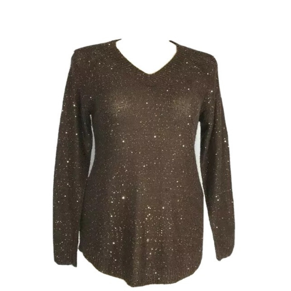 Soft Surroundings Sweater XS P Brown Bronze Sequin V‎ Neck Long Sl Tunic Knit LN